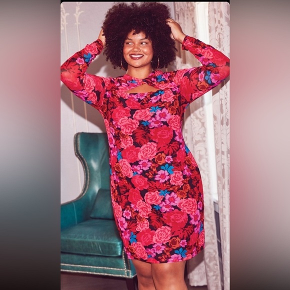 The Get Size L Dress Long Sleeve Roses Black Red Cut Out Sheer Body-con Pencil. - Picture 2 of 9